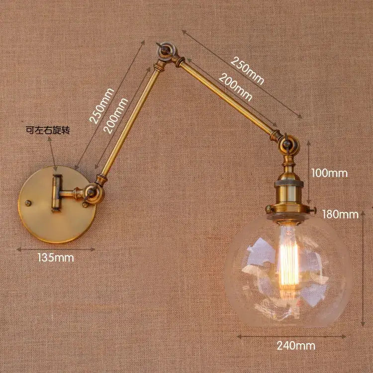 Decorbites antique brass wall lamp with adjustable swing arm and spherical glass globe housing filament bulb