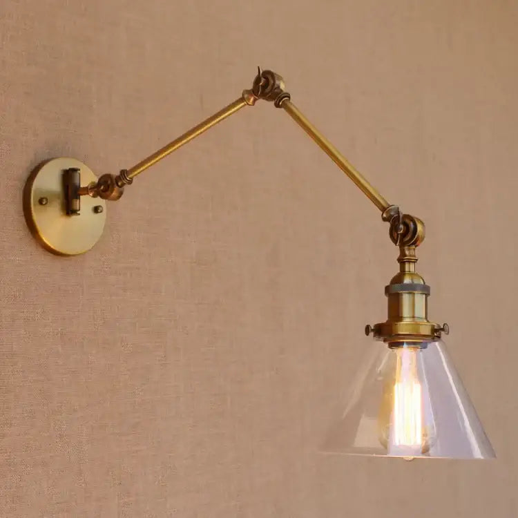 Decorbites™ antique brass loft industrial wall lamp swing arm sconce with clear glass shade and exposed filament bulb