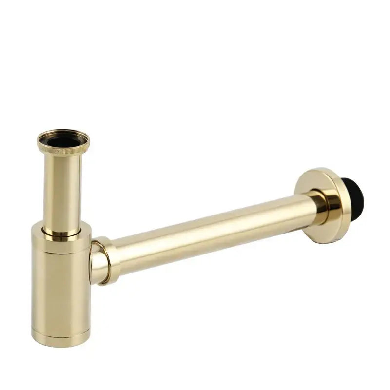 DecorBites™ antique brass drain kit with gold-colored brass p-trap and black rubber stopper for bathroom sink use