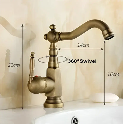 Antique brass porcelain basin mixer with 360 degree swivel spout and ornate turned-metal handle for bathroom use