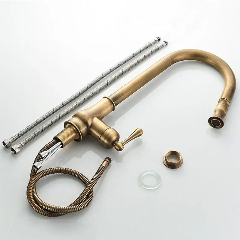 DecorBites antique brass pull kitchen faucet with curved spout single lever handle and flexible braided hoses