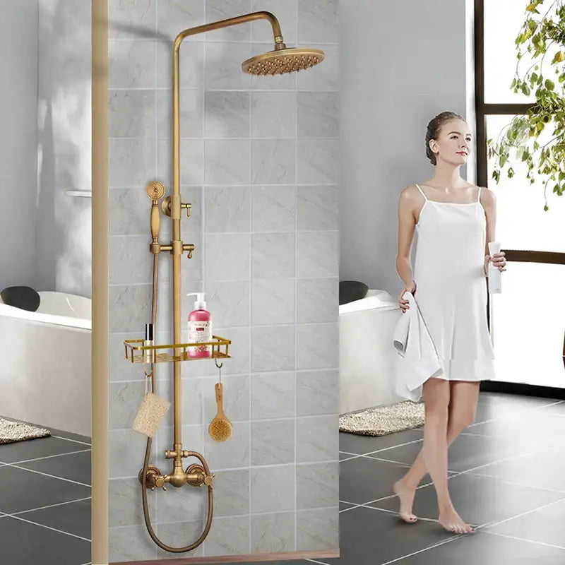 Decorbites antique brass shower faucet set with rainhead handheld sprayer and integrated shelf in brass finish