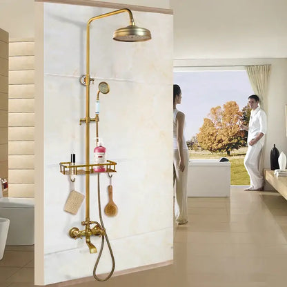 Decorbites™ antique brass rainfall shower faucet set with round rainhead handheld nozzle and integrated shelf