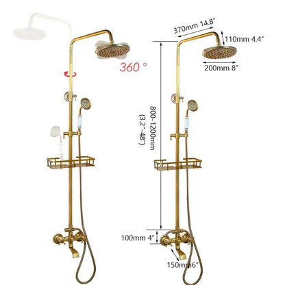 Brass-finished shower faucet set decorbites antique brass rainfall with main rainhead handheld sprayer and integrated shelf