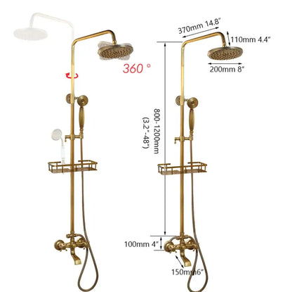 Brass-finished decorbites antique brass rainfall shower faucet set with fixed rainhead handheld spray and wire rack shelf