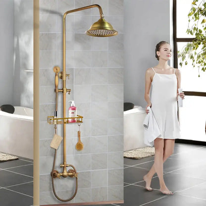 Brass-finished DecorBites™ antique brass rainfall shower faucet set with rainhead handheld sprayer and integrated shelf