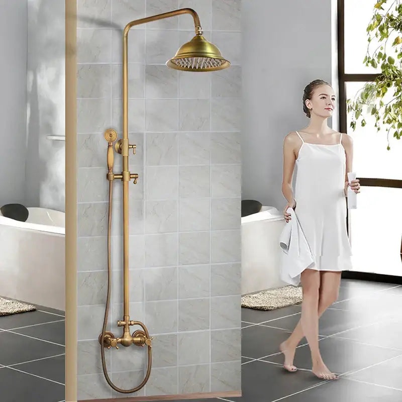 Decorbites antique brass rainfall shower faucet set with two functions featuring a brass-finished vintage shower faucet set