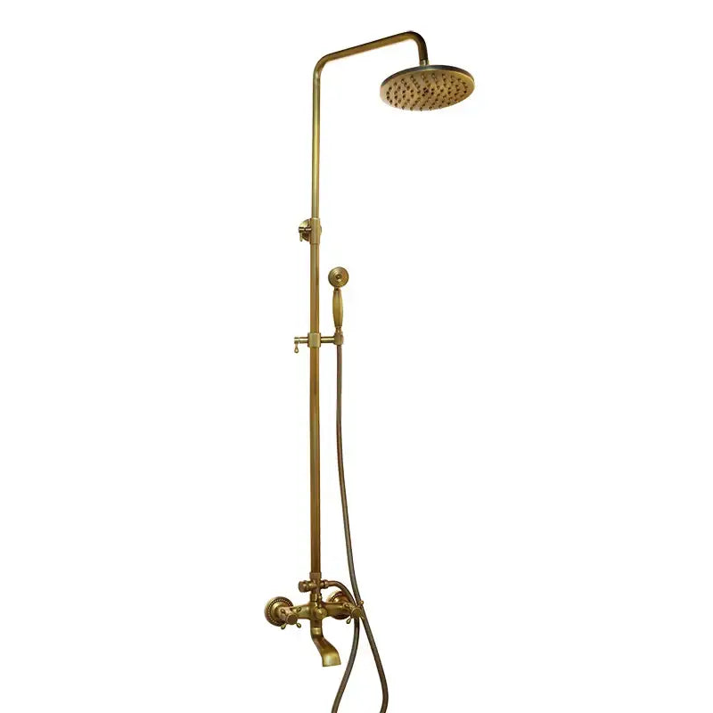 Brass-finished decorbites shower faucet set with round rainhead and handheld spray nozzle in antique brass