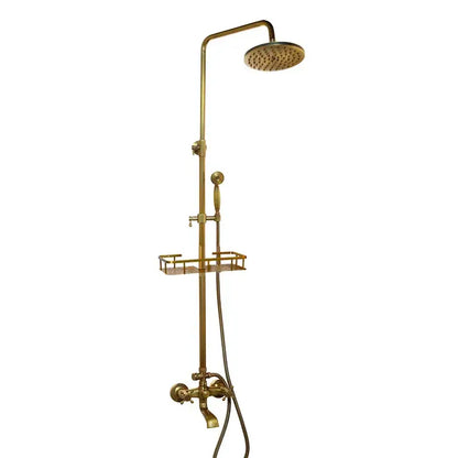 Brass-finished DecorBites antique brass rainfall shower faucet set with round rainhead handheld spray and wire rack shelf