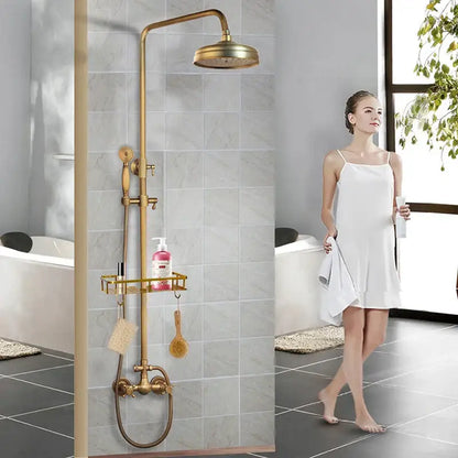 Decorbites™ antique brass rainfall shower faucet set with round rainhead handheld sprayer and integrated shelf