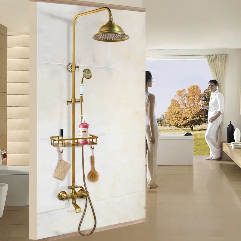 DecorBites™ antique brass shower faucet set with large overhead rainhead, handheld nozzle, and integrated shelf