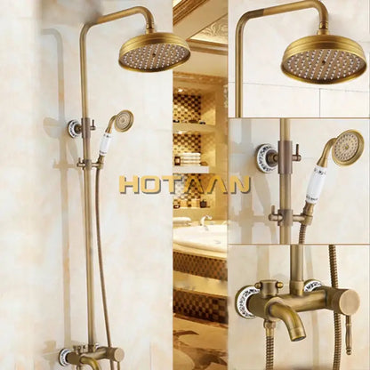 DecorBites antique brass rainfall shower faucet set with round rainhead handheld nozzle and porcelain decorative knobs