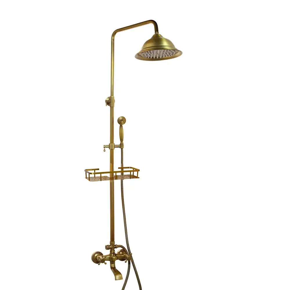 DecorBites antique brass rainfall shower faucet set with large overhead rainhead handheld sprayer and wire rack shelf