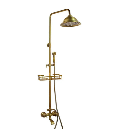DecorBites antique brass rainfall shower faucet set with large overhead rainhead handheld sprayer and wire rack shelf