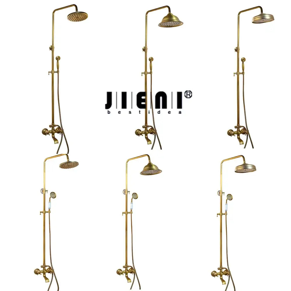 Six elegant brass-finished decorbites antique brass rainfall shower faucet sets with handheld sprayers in clean display