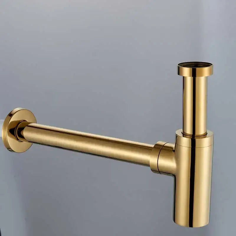 DecorBites antique brass round siphon p-trap with a sleek gold-colored polished metallic finish for bathroom vanity sink
