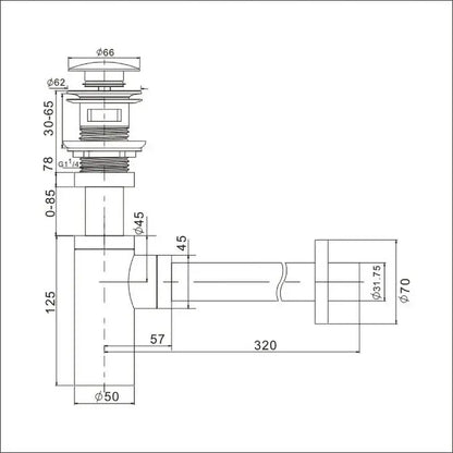 Technical drawing of decorbites antique brass brass round siphon p-trap bathroom vanity basin pop-up drain assembly