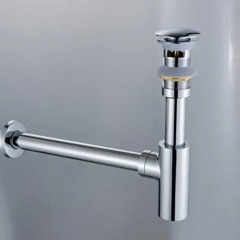 Chrome-finished p-trap sink drain with threaded connections in a decorbites™ antique brass round siphon bathroom vanity basin pop-up drain