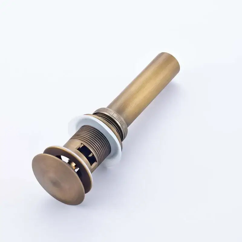 Antique brass round siphon p-trap bathroom drain with threaded stem and circular flange for vanity basin use