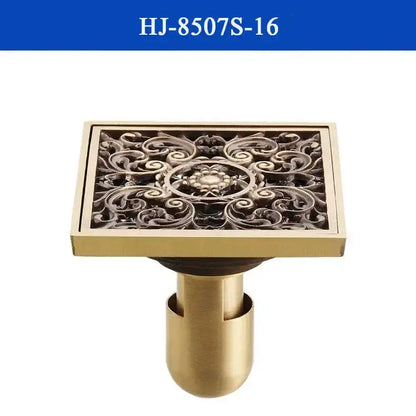 DecorBites antique brass shower drain cover with brass finish and intricate floral scrollwork design for bathroom use