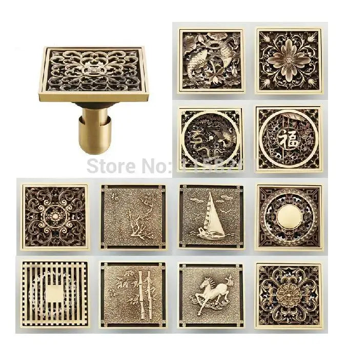 Antique brass shower drain cover with intricate traditional chinese motifs and euro art carving for bathroom use