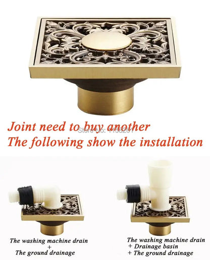 Square antique brass shower drain cover with ornate blackened floral pattern and central circular knob for bathroom use