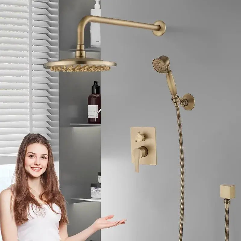 Decorbites™ antique brass shower faucet set with 10 inch round rainhead and handheld spray nozzle bathroom wall kit