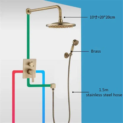 Brass shower faucet set decorbites™ antique brass with 20x20cm rainhead and handheld sprayer on stainless steel hose