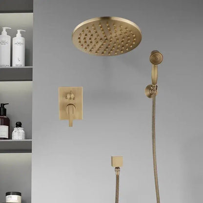 Decorbites™ antique brass shower faucet set with 10 inch round rain showerhead and matching handheld attachment