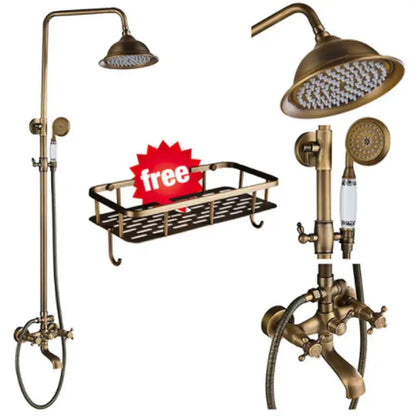 Brass-finished decorbites antique brass shower faucet set with 8 inch rainfall head and swivel spray handheld shower faucet