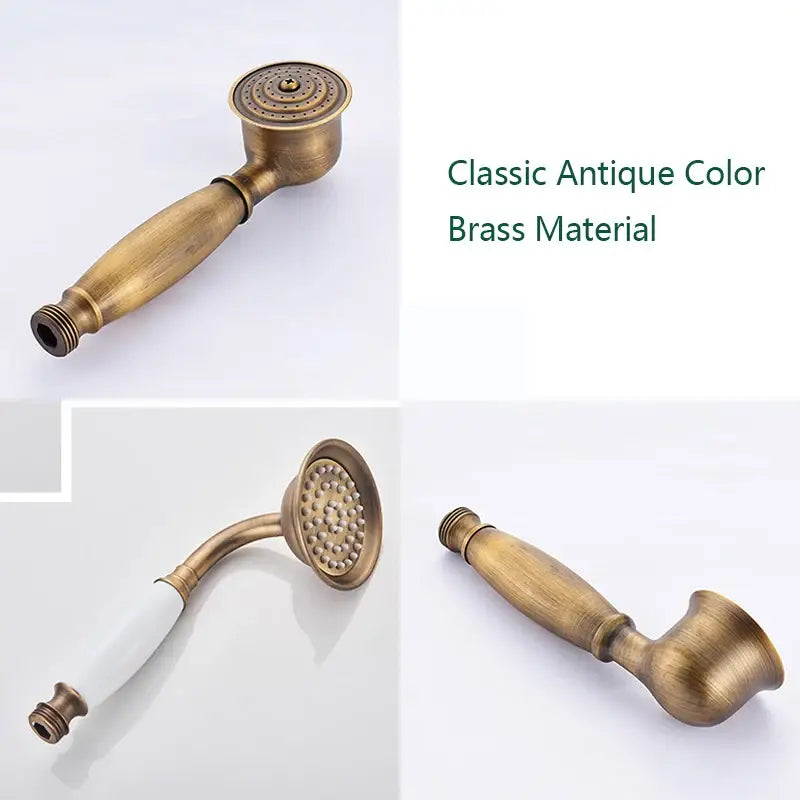 Antique brass shower faucet set featuring a vintage design 8 inch rainfall showerhead with textured nozzle