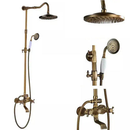 DecorBites antique brass shower faucet set with 8 inch rainfall head and handheld sprayer with white ceramic handles