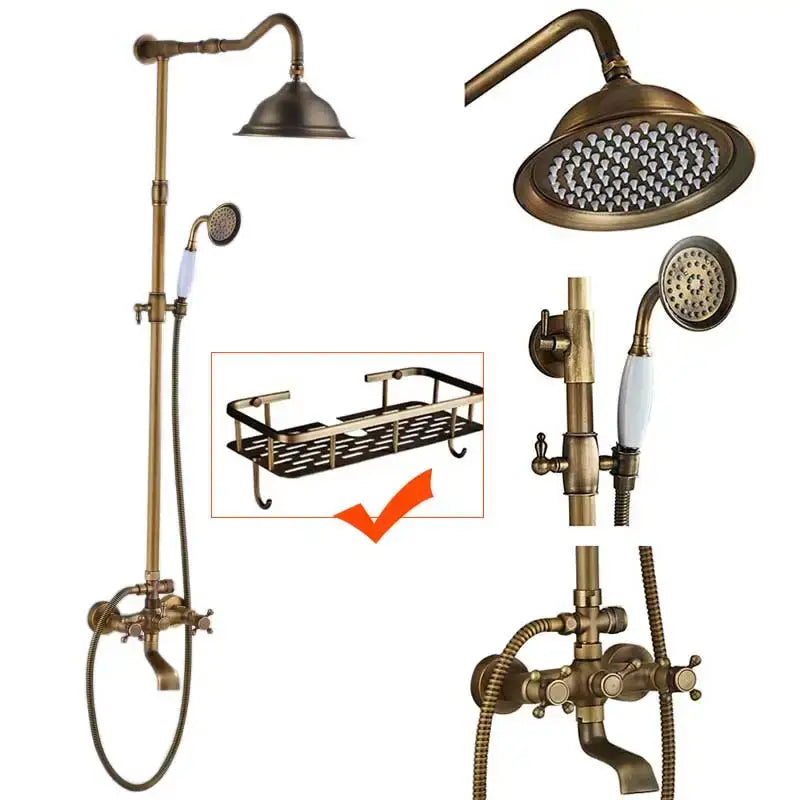 Antique brass shower faucet set with 8 inch rainfall head handheld sprayer and matching faucet assembly by DecorBites