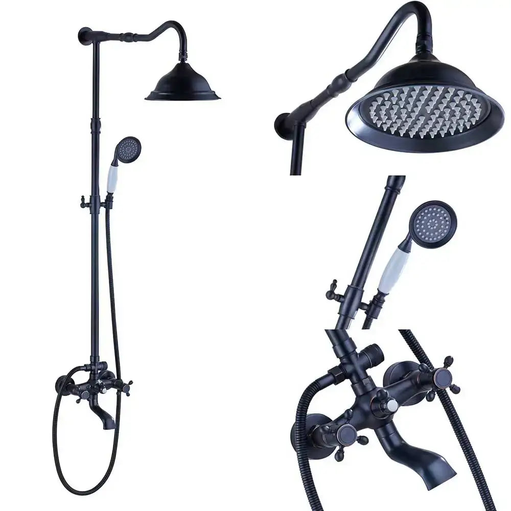 Decorbites antique brass shower faucet set with black matte finish large rainhead and handheld spray with ceramic handles