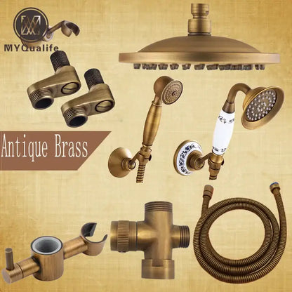 Decorbites antique brass shower faucet set with round rainhead handheld sprayer and ceramic handle faucet set