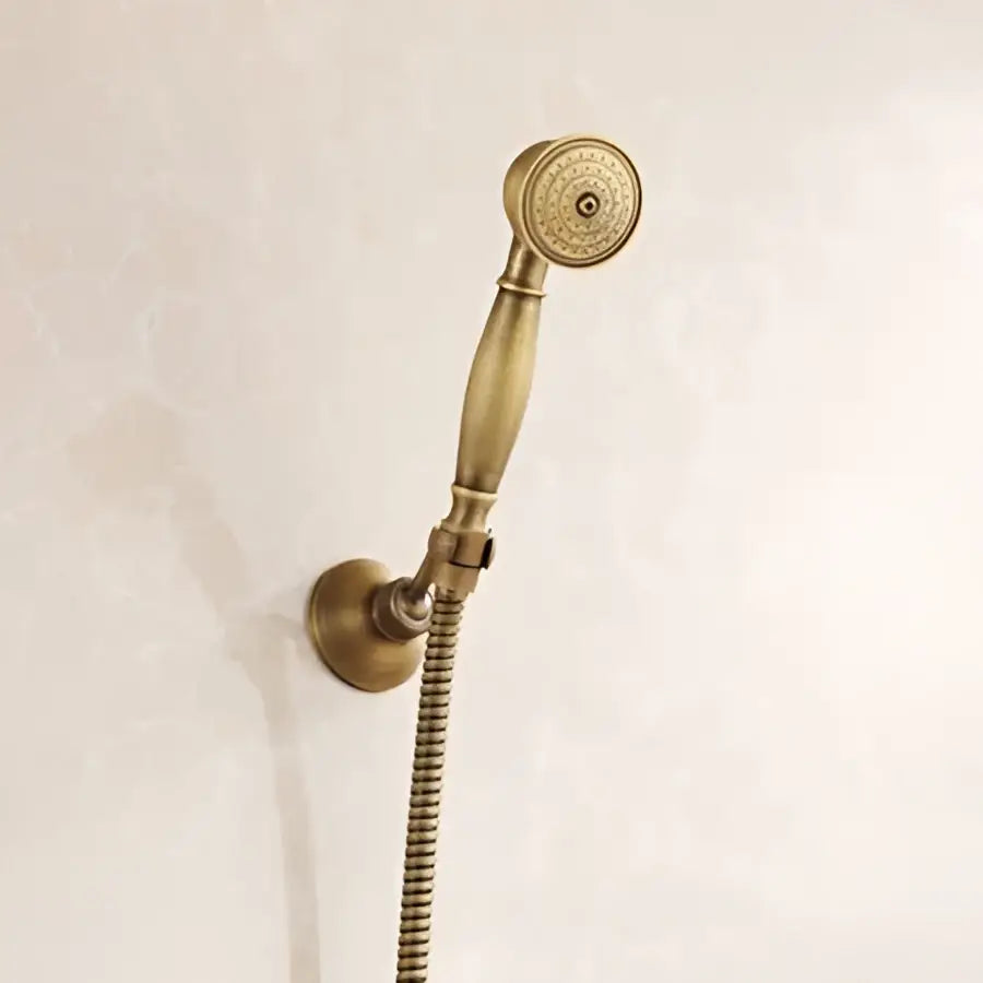 Decorbites™ antique brass shower faucet set handheld shower with textured circular face and slender handle in brass finish
