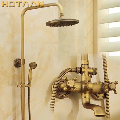 Decorbites antique brass shower faucet set featuring a brass-finished vintage-style rainhead and handheld sprayer