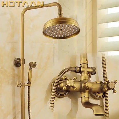 Brass-finished vintage-style shower faucet set with round rainhead and dual-handle valve by DecorBites antique brass