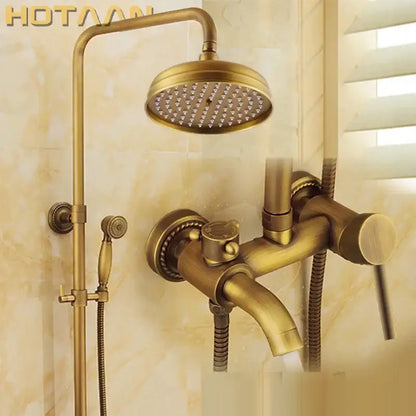 Decorbites antique brass shower faucet set with vintage finish includes round rainhead and handheld sprayer