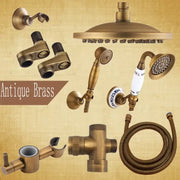 Antique brass shower set with 8 inch rain head, handheld sprayer, hose, angle valve, and ceramic handle by decorbites