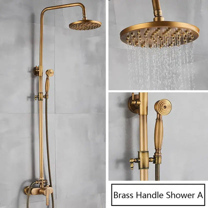 Decorbites antique brass shower set with tall overhead rainhead and ornate single handle wall mount rainfall mixer faucet