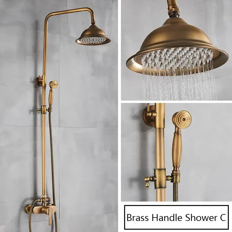 DecorBites antique brass shower set with single handle wall mount, tall overhead rainhead, and handheld sprayer