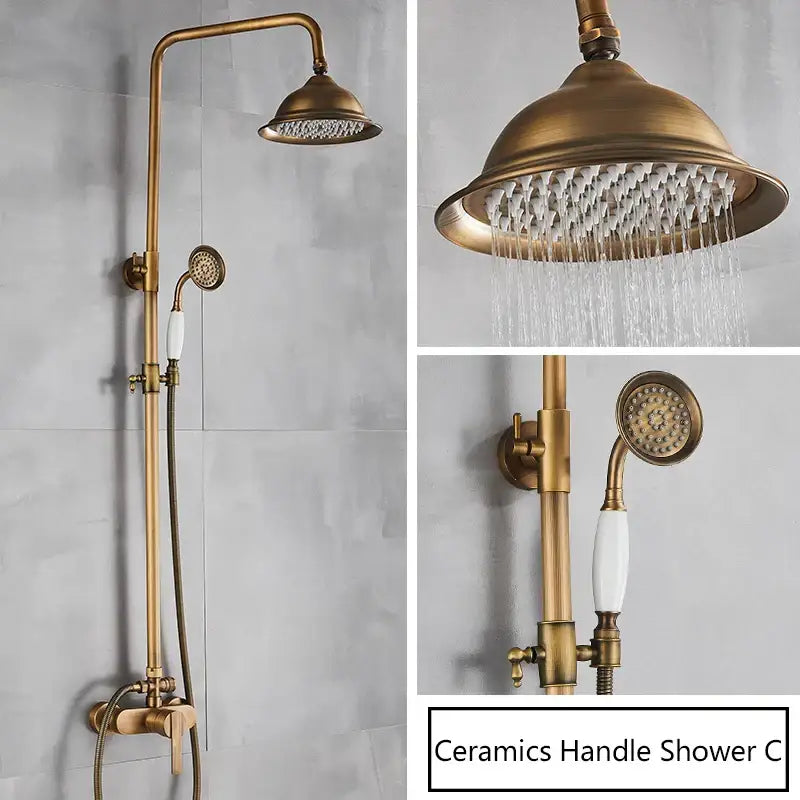 DecorBites™ antique brass shower set with ceramic handles large rainhead and handheld nozzle wall mount mixer faucet