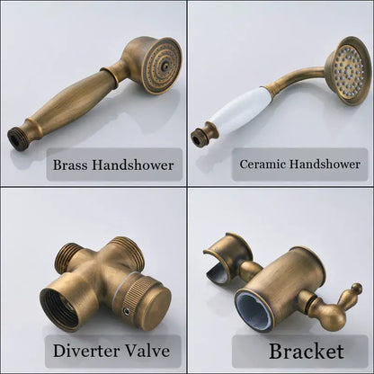 Antique brass shower set with handheld showerhead featuring textured circular spray face and ergonomic handle by DecorBites