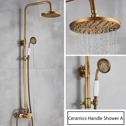 Decorbites antique brass shower set with circular rainhead and handheld nozzle featuring white ceramic handles