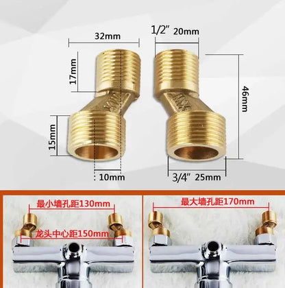Gold-colored brass pipe fittings with threaded connections and dimension markings for DecorBites™ antique brass shower set