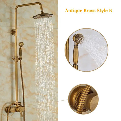 Decorbites antique brass shower set featuring an 8 inch rainfall head and handheld sprayer in brass finish