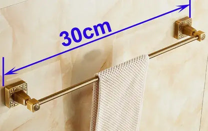 Gold-colored brass antique brass single towel bar with ornate square wall mounts 30cm length for bathroom use