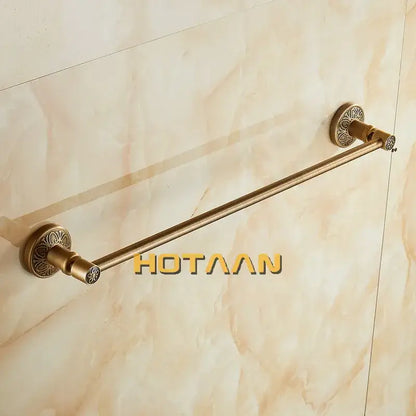 DecorBites antique brass single towel bar with ornate floral-patterned circular ends wall mounted bathroom holder