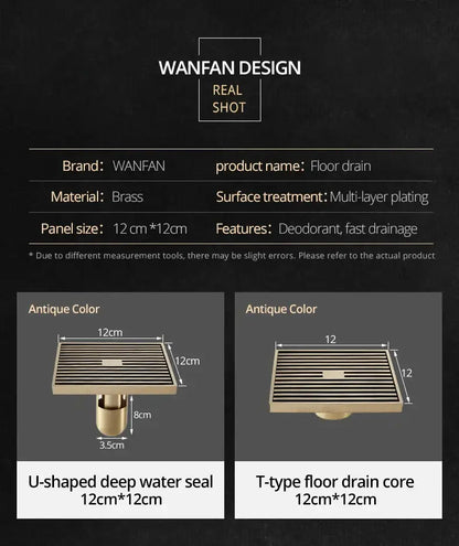 Decorbites™ antique brass square bath drain strainer with multi-layer plated floor grate and 12cm slatted panel